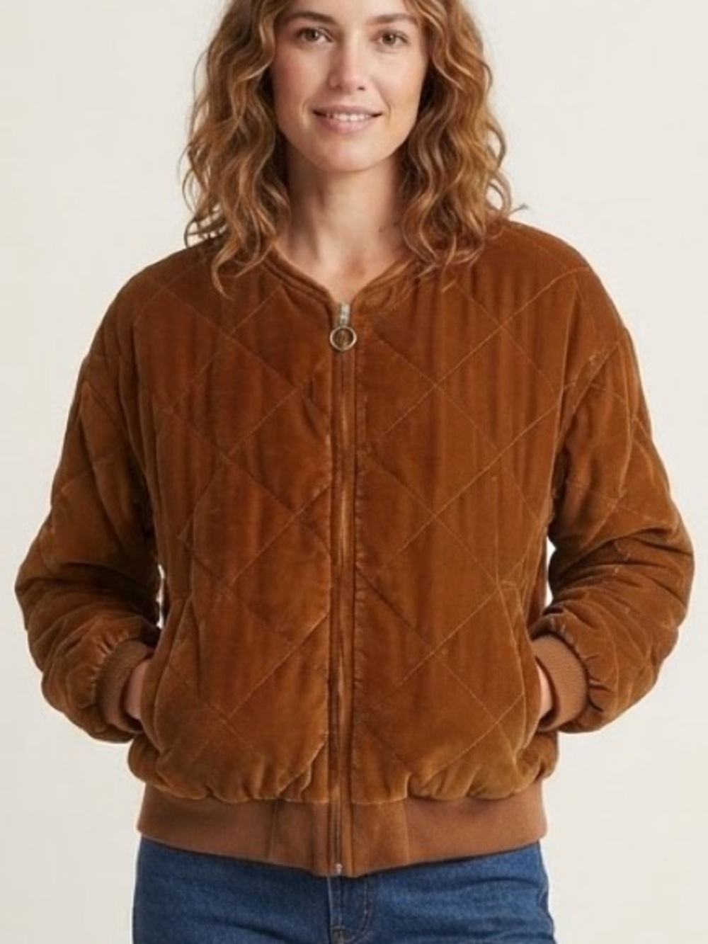 Frank & Oak Sz M Velvet Mustard Brown Quilted Bomber Jacket